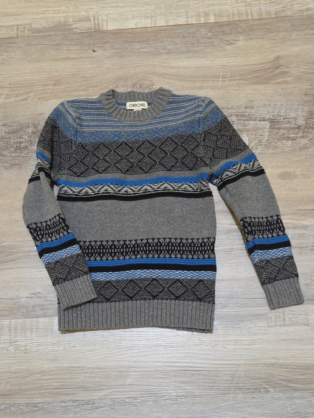 Cherokee Gray Crewneck Sweater with Blue & Black Pattern Boys Size Small (6/7)